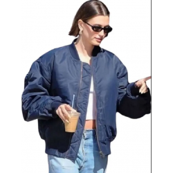 Hailey Bieber Navy Blue Bomber Jacket
